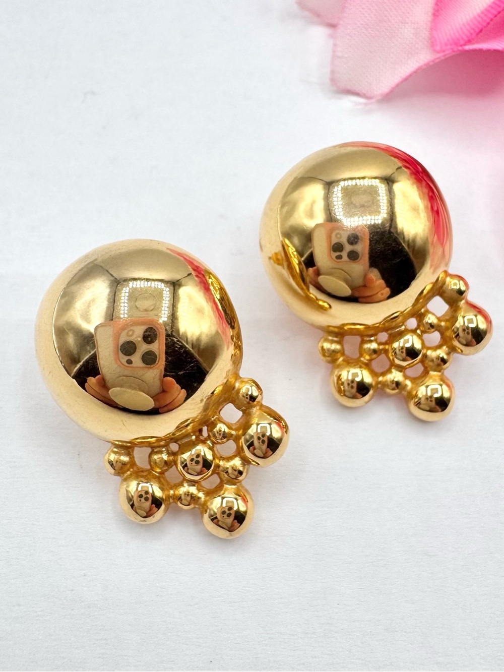 Vintage Anne Klein Dome Button Stud Cluster Earrings Shiny Gold Tone Feminine
